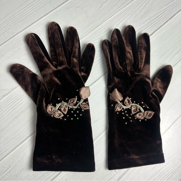 Accessories - Vintage Style Brown Velvet Evening Gloves Floral Embroidered Beaded